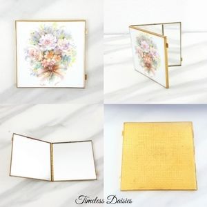 Vintage Gold Compact Mirror Floral Bouquet